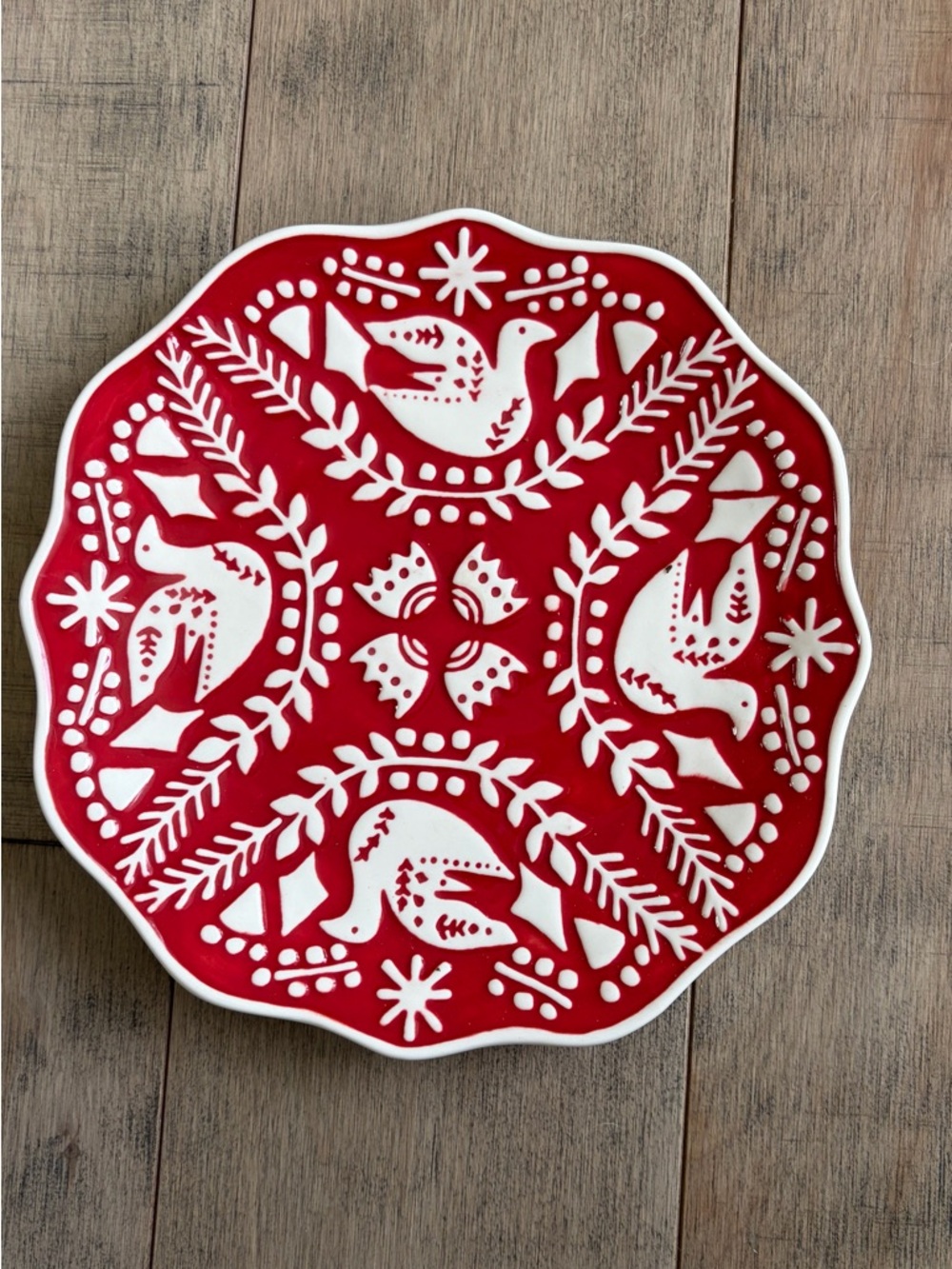 Pier One Festive Dessert Plate Winter Bird Red White Scalloped Folk Art Nordic